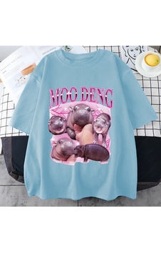Flood Of Style Tayland Yılında Moo Deng Bouncy Domuz Bebek Komik Meme T-shirt Erkekler Kadınlar Kawaii T-shi Mavi