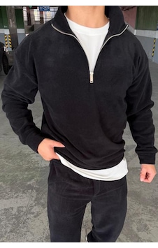 Mass Plus Unisex Slimfit Yarım Fermuarlı Dik Yaka Polar Sweatshirt Siyah