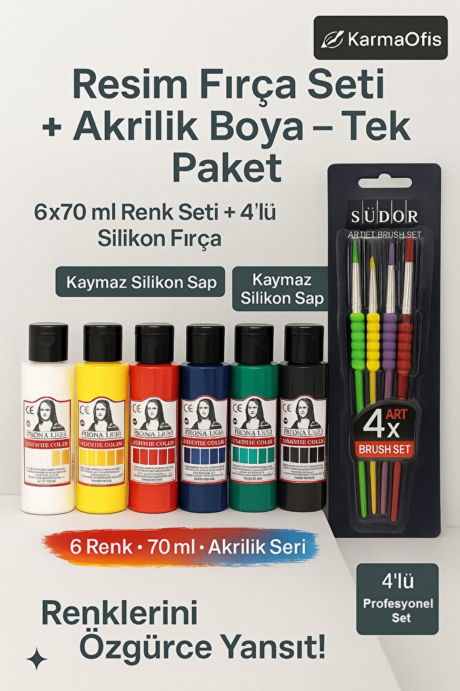Silikon Saplı 4 Lü Fırça Seti + Akrilik Boya Seti 6 70 Ml Resim Silikon Saplı 4 Lü Fırça Seti + Akrilik Boya Seti 6 70 Ml Resim