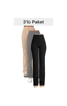 Thiff Gymwear Krep Kumaş Likralı Kadın Palazzo Pantolon 3'lü Set Bej-Gri-Siyah
