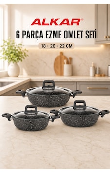 6 Parça Granit Ezme Cam Kapaklı Sahan Omlet Seti 18-20-22 Cm Siyah Siyah