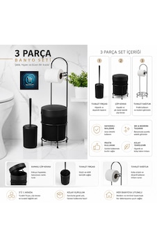 Premium Lüks 3 Lü Banyo Aksesuar Seti Modern Tasarım Siyah