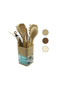 11pcs+kova Silikon Mutfak Seti Bambu Sap 3-kaşık- 3-spatula- 1-kevgir- 1-kepçe- 1-maşa- 1-çrpc- 1-fr Çok Renkli