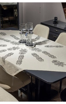 Manolya El Baskısı Kare Masa Örtüsü %100 Organik Hambez Kumaş Ekru - 682202951 Ekru