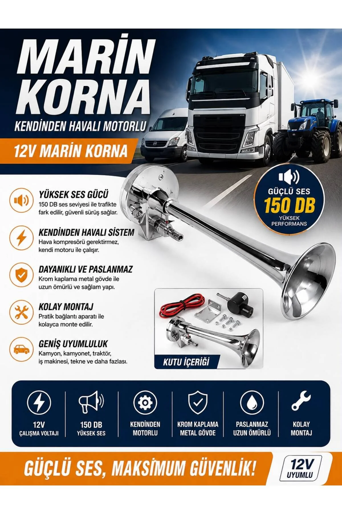 Marin Korna 12v Kendinden Motorlu Yük Ses Kalitesi Krom Kamyon Tır Kamyonet Universal