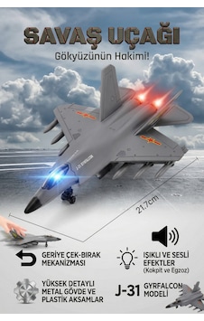 J-31 Gyrfalcon Işıklı Sesli Metal Savaş Uçağı - Geriye Çek Bırak Model Oyuncak Uçak 22 Cm