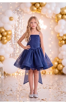 Butik Happy Kids Kız Çocuk Prenses Abiye Elbise Büyük Kurdele Detaylı Zarif Tasarım Çocuk Abiye Elbise 6-13 Yaş Lacivert