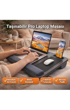 Polham Minderli Bilek Destekli Telefon Tutuculu Mouse Padli Taşınabilir Laptop Masası Dizüstü Çalışma Sehpası