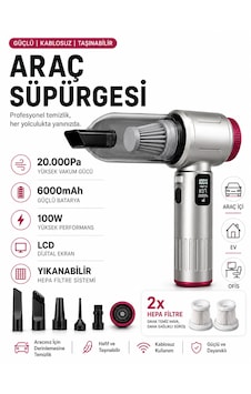 20000pa 6000mah 100w Lcd Ekranlı Led Işıklı Kablosuz Araç İçi Süpürge 2x Hepa Filtreli Mini El Süpürgesi Gri 20000pa 6000mah 100w Lcd Ekranlı Led Işıklı Kablosuz Araç İçi Süpürge 2x Hepa Filtreli Mini El Süpürgesi Gri