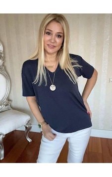 Dogutrend Kadın Kısa Kollu V Yaka Bluz Lacivert