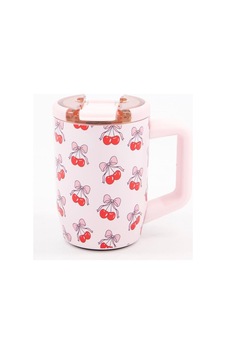Fiyonklu Kiraz Desenli Kulplu Çelik Termos Mug - Pembe Sızdırmaz Kapaklı Kahve Bardağı 440ml Kırmızı Fiyonklu Kiraz Desenli Kulplu Çelik Termos Mug - Pembe Sızdırmaz Kapaklı Kahve Bardağı 440ml Kırmızı