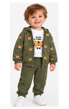 İrem Erkek Çocuk Cute Tiger Yazılı Hırkası Kaplan Desenli Haki Renk Üçlü Eşofman Takımı İrem Erkek Çocuk Cute Tiger Yazılı Hırkası Kaplan Desenli Haki Renk Üçlü Eşofman Takımı