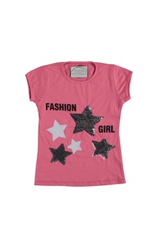 Liay Moda Yıldız Pul İşlemeli Kız Çocuk Tişört Pembe