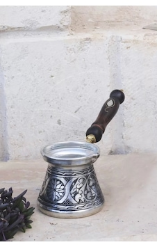 Bakır Cezve Sedef Kulplu Oyma Nakış İşleme Gümüş Renk 3 Kişilik