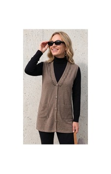 Onno Style Women Yakası Taşlı Çelik Örgü Triko Kadın Yelek Bej Onno Style Women Yakası Taşlı Çelik Örgü Triko Kadın Yelek Bej