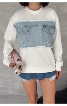 Femelle Kadın Beyaz Kot Detaylı İçi Pamuklu Sweatshirt - S64 Femelle Kadın Beyaz Kot Detaylı İçi Pamuklu Sweatshirt - S64