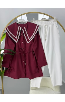 Lovie Moda Vintage Yaka Pantolonlu Takım Bordo Lovie Moda Vintage Yaka Pantolonlu Takım Bordo