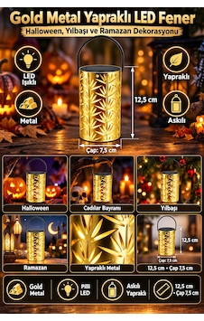 Gold Metal Yapraklı Askılı Pilli Led Fener Halloween Yılbaşı Ramazan Dekor Süsü 12,5 X 7,5 Cm Renkli Gold Metal Yapraklı Askılı Pilli Led Fener Halloween Yılbaşı Ramazan Dekor Süsü 12,5 X 7,5 Cm Renkli