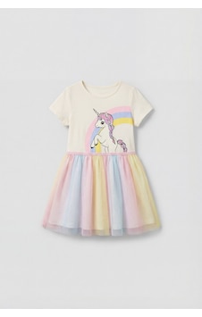 Magu Kız Çocuk Pamuklu Ekru Gökkuşağı Ve Unicorn Baskılı Tül Elbise - Renkli Etek Detaylı Karışık Magu Kız Çocuk Pamuklu Ekru Gökkuşağı Ve Unicorn Baskılı Tül Elbise - Renkli Etek Detaylı Karışık