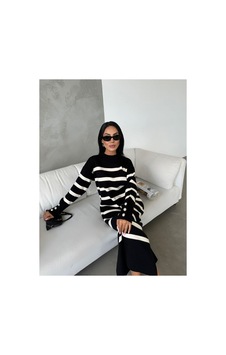 İkrafashion Çizgili Triko Elbise Siyah Siyah
