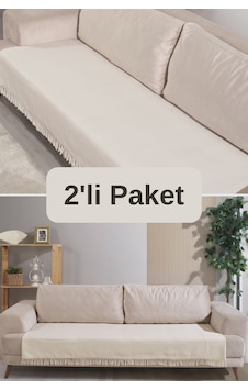 Miracolo Home Ekru Pamuklu 2'li Koltuk Örtüsü 115x200 Önden Saçaklı Çizgili Desenli
