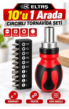 Eltaş 10 U 1 Arada Cırcırlı Tornavida Seti Değiştirilebilir Uçlu Ergonomik Tornavida Eltaş 10 U 1 Arada Cırcırlı Tornavida Seti Değiştirilebilir Uçlu Ergonomik Tornavida