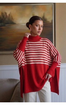 Onno Style Women Çizgili Standart Beden Triko Kadın Panço Kırmızı Onno Style Women Çizgili Standart Beden Triko Kadın Panço Kırmızı