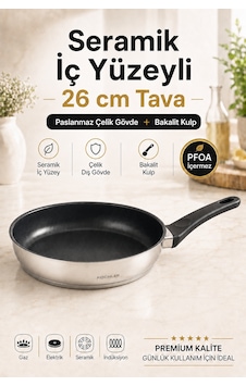 26 Cm Seramik Kaplamalı Paslanmaz Çelik Bakalit Kulplu İndüksiyon Uyumlu Tava Gümüş