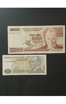 7. Emisyon 100.000 Ve 10 Türk Lirası. Eski Koleksiyon Kağıt Para. 7. Emisyon 100.000 Ve 10 Türk Lirası. Eski Koleksiyon Kağıt Para.