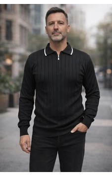 Bigümex Erkek Çizgili Polo Yaka Fermuarlı Sweatshirt Siyah