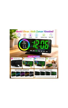 Akıllı Dijital Neon Led Li Başucu Saati - Masa Saati - Neon Renkli, Modern Ve Fonksiyonel Alarm - Erteleme -nem Göstergesi Çok Renkli - 885161608 Çok Renkli