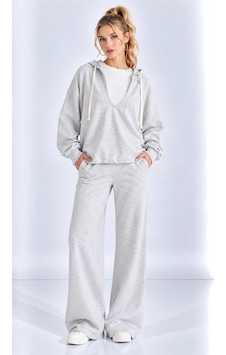 Mevese Kadın V Yaka Sweatshirt, Kolsuz Atlet Ve Yüksek Bel Wide Leg Pantolon Üçlü Spor Şık Takım- Gri Melan Gri Melanj