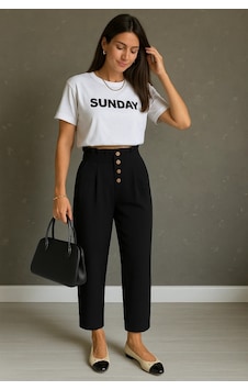 DefyModa Kadın Yüksek Belli Önden Düğmeli Ithal Keten Pantolon Siyah DefyModa Kadın Yüksek Belli Önden Düğmeli Ithal Keten Pantolon Siyah