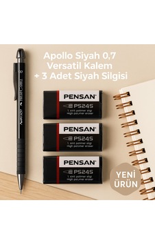 Apollo Beyaz 0.7 Versatil Kalem + 3 Adet Beyaz Silgi Siyah