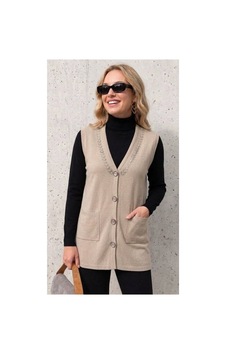 Onno Style Women Yakası Taşlı Çelik Örgü Triko Kadın Yelek Krem Onno Style Women Yakası Taşlı Çelik Örgü Triko Kadın Yelek Krem