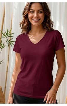 Thiff Gymwear Kadın Kısa Kollu V Yaka Basic Tişört T-shirt Bordo Thiff Gymwear Kadın Kısa Kollu V Yaka Basic Tişört T-shirt Bordo