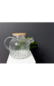 Çnr Home Collection Bambu Kapaklı Cam Sürahi & Çaydanlık & Yağlık Çok Amaçlı Isıya Dayanıklı Cam Demlik