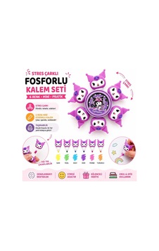 Kuromi Figürlü Stres Çarklı 6 Renk Mini Fosforlu Kalem Seti Mor Mor