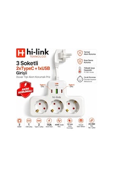 Hi-link 3 Soketli 2xtypec+1xusb Girişli Termal Akım Korumalı Priz - Beyaz 0.25 CM Hi-link 3 Soketli 2xtypec+1xusb Girişli Termal Akım Korumalı Priz - Beyaz 0.25 CM