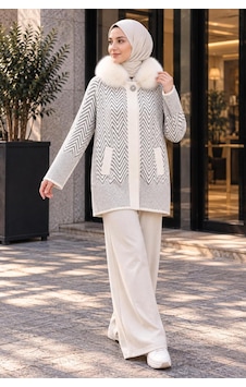 Ayda Ekru Kürk Detaylı Düğmeli Angora Kaban Ekru - 936666874 Ekru