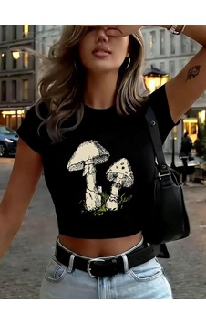 Tarzsokak Sevimli Mantar Baskılar Kadın Kırpma T-shirt Yaz Yumuşak Yüksek Elastik Üstler O-boyun Kısa K Siyah Tarzsokak Sevimli Mantar Baskılar Kadın Kırpma T-shirt Yaz Yumuşak Yüksek Elastik Üstler O-boyun Kısa K Siyah