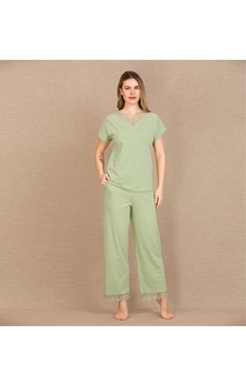 Hrşytrend Herşeytrend Pamuklu Şık Tasarım Dantel İşlemeli Yeşil Kısa Kol Pijama Takımı Yeşil