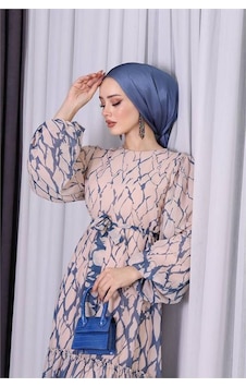 Neşeli Butik Kadın Şifon Eteği Fırfırlı Desenli Tesettür Elbise Sms008 Mavi Neşeli Butik Kadın Şifon Eteği Fırfırlı Desenli Tesettür Elbise Sms008 Mavi