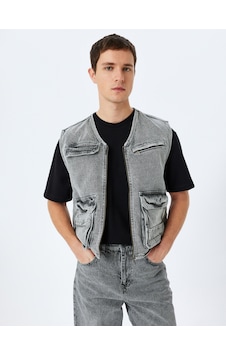 Koton Kapaklı Cep Detaylı Pamuklu V Yaka Kolsuz Oversize Denim Yelek Gri 5sam50006nd Gri