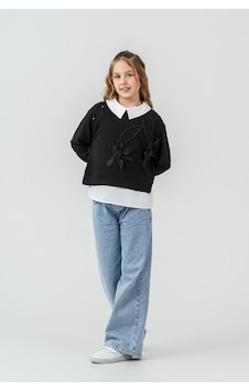 Miniko Kids Kız Çocuk Bayramlık Çiçekli Taşlı Kot Pantolonlu 2li Takım Siyah Miniko Kids Kız Çocuk Bayramlık Çiçekli Taşlı Kot Pantolonlu 2li Takım Siyah