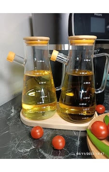 Yağlık Sirkelik Seti Silikon Contalı Bambu Kapaklı Bambu Altlık Beraber 3'lü Set Yağdanlık, 900 Ml 2 Adet Ve Bambu Altlık
