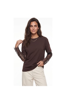 Onloox Kadın Kahverengi Acı Kahve Pamuklu Bisiklet Yaka Oversize Transparan Dantel Uzun Kol Detaylı T-shirt