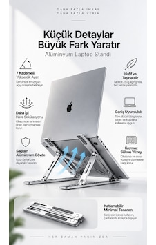 Alüminyum Katlanabilir Laptop Standı 7 Kademeli Yükseklik Ayarlı Dizüstü Bilgisayar & Tablet Tutucu
