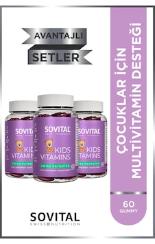 Sovital Kids A, C, D3, B6, B12, Çinko, Kalsiyum İçeren Çocuklar İçin Çiğnenebilir,vegan,şekersiz 60 Gummy X 3 Adet Sovital Kids A, C, D3, B6, B12, Çinko, Kalsiyum İçeren Çocuklar İçin Çiğnenebilir,vegan,şekersiz 60 Gummy X 3 Adet