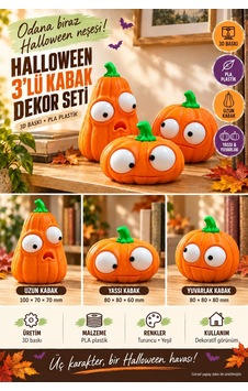 Hareketli Gözlü 3 Lü Halloween Kabak Dekor Seti Pla 3d Baskı Hareketli Gözlü 3 Lü Halloween Kabak Dekor Seti Pla 3d Baskı